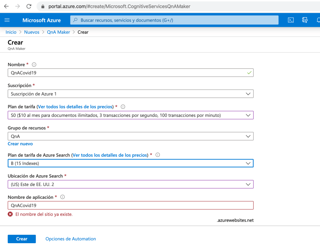 Crear QnA Maker Service